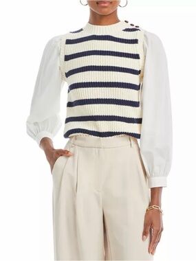 Rails Bambi Sweater S Ivory Navy Stripe Puff Sleeve Mixed Media Mock Neck